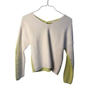 Lisa Todd Women Small Colorblock Sweater V-Neck Cream Lime Knit Ribbed Textured